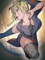  1girl bangs_pinned_back black_kimono blonde_hair commentary_request folded_ponytail gintama hadanugi_dousa japanese_clothes kimono kiseru kunai pedaginka scar scar_on_cheek scar_on_face sleeveless sleeveless_kimono smoking_pipe solo tsukuyo_(gintama) weapon 
