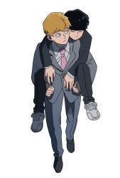  2boys bithmath black_eyes black_hair blonde_hair bowl_cut carrying carrying_person closed_eyes commentary_request expressionless full_body gakuran grey_suit head_on_another's_shoulder highres kageyama_shigeo looking_at_another male_focus mob_psycho_100 multiple_boys necktie partial_commentary piggyback pink_necktie reigen_arataka salt_middle_school_uniform school_uniform shoes sleeping sneakers suit walking white_background 