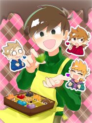  4boys :d :o ^_^ alternate_costume antenna_hair apron bilingual_commentary blue_hoodie blush box box_of_chocolates brown_hair candy character-themed_food chibi chibi_inset chocolate closed_eyes commentary drawstring edd_(eddsworld) eddsworld english_commentary fewer_digits flipped_hair food green_eyes green_jacket green_sweater hair_behind_ear hair_ears heart heart-shaped_chocolate heart-shaped_food highres holding hood hood_down hoodie implied_yaoi incoming_food jacket long_sleeves looking_at_viewer male_focus matt_(eddsworld) mixed-language_commentary multiple_boys o_o open_clothes open_jacket open_mouth orange_hair purple_hoodie red_hoodie ringo_(eddsworld) roshii_(ionlw0gynh24926) short_hair smile spiky_hair sweater tom_(eddsworld) tord_(eddsworld) turtleneck turtleneck_sweater valentine yellow_apron 