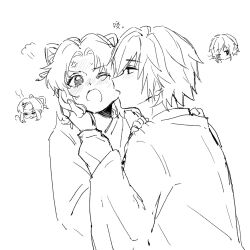  >_< 1boy 1girl anger_vein berry7522082130 biting biting_cheek blush chibi chibi_inset commentary_request flustered greyscale hand_on_another's_face hands_on_another's_shoulders hetero highres japanese_clothes kimetsu_no_yaiba kimono kochou_shinobu monochrome official_alternate_hair_length official_alternate_hairstyle one_eye_closed open_mouth parted_bangs short_hair simple_background sketch tomioka_giyuu upper_body white_background 