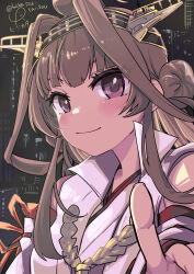  1girl absurdres ahoge black_background brown_hair commentary_request double_bun hair_bun headgear highres index_finger_raised kantai_collection kongou_(kancolle) kongou_kai_ni_(kancolle) lr_hijikata nontraditional_miko popped_collar ribbon-trimmed_sleeves ribbon_trim signature smile solo twitter_username violet_eyes 