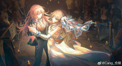  2girls absurdres bang_dream! bang_dream!_it's_mygo!!!!! black_jacket black_necktie black_vest blue_eyes breasts bridal_veil brown_hair candle cang_(akaga204) chihaya_anon chinese_commentary chromatic_aberration closed_mouth commentary_request dancing detached_sleeves dress floating_hair grey_eyes grey_pants highres holding_hands jacket large_breasts long_hair long_sleeves mannequin multiple_girls nagasaki_soyo necktie open_mouth pants pink_hair strapless strapless_dress veil vest watermark wedding_dress weibo_watermark white_dress wife_and_wife yuri 