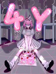  1girl absurdres alternate_footwear anniversary baka_janai_noni_(zutomayo) black_hair black_nails blue_eyes cake center-flap_bangs closed_mouth colored_inner_hair dress fingernails floor food grey_dress grey_hairband grey_shoes hairband hat highres letter_balloon long_sleeves medium_hair multicolored_hair myon_(tokipi) nail_polish nira-chan nira-chan_(baka_janai_noni)_(zutomayo) number_balloon official_alternate_costume on_floor party_hat pink_hair puffy_long_sleeves puffy_sleeves shoes sitting socks straight-on white_socks zutto_mayonaka_de_ii_no_ni 