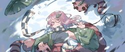  1girl absurdres animal_on_lap bag belt black_scarf brown_eyes brown_hair check_clothing check_object checkered_clothes checkered_scarf closed_mouth clothing_request commentary_request floating_bag floating_hair floating_scarf from_above futatsuiwa_mamizou futatsuiwa_mamizou_(human) glasses green_kimono hair_ornament highres holding holding_bag japanese_clothes kimono kingdom_(user_ysav4824) leaf leaf_hair_ornament leaf_on_head long_hair long_sleeves looking_at_viewer on_lap overlighting petting red_belt rock scarf sitting smile snow snow_on_head split_mouth tanuki touhou upper_body white_bag white_scarf wide_sleeves 