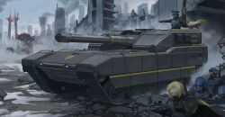  19vodnik 1girl 2boys 2others absurdres ar-23_liberator armor assault_rifle automaton_(helldivers) black_cape blonde_hair blood blue_eyes brown-cape building bullpup cape cigarette combat_helmet commentary english_commentary facial_hair gun hat helldiver_(helldivers) helldivers_(series) helmet highres holding holding_gun holding_weapon military_uniform military_vehicle motor_vehicle multiple_boys multiple_others mustache non-humanoid_robot peaked_cap pointing rifle robot ruins scope skyscraper tank td-220_bastion textless_version weapon 