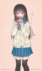  1girl black_hair black_thighhighs blue_bow blue_sailor_collar blue_skirt blush bow box brown_eyes car commentary_request gift gift_box hair_ornament hairclip highres holding holding_box kutatsu_(kutatsu7) long_hair long_sleeves looking_at_viewer mole mole_under_eye motor_vehicle original pleated_skirt sailor_collar skirt solo thigh-highs white_car yuki_(kutatsu) 