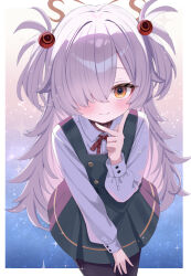  1girl absurdres blue_archive brown_ribbon diagonal-striped_ribbon dress eyeball_hair_ornament flat_chest grey_hair hair_over_one_eye halo highres kanoe_(blue_archive) long_hair looking_at_viewer multicolored_eyes orange_eyes orange_halo pinafore_dress ribbon scar scar_on_neck sleeveless sleeveless_dress smile two-tone_eyes two_side_up yatani_row 