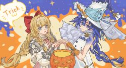  6+girls alternate_costume animated animated_gif aqua_hair ascot bag bare_shoulders black_coat black_hat blonde_hair blue_eyes blue_hair blue_skirt blue_tube_top bow candy candy_jar clothing_cutout coat colored_inner_hair commentary coral_hair_ornament cuffs cup dress food gloves hair_bow hair_ornament hair_over_one_eye halloween halloween_bucket hat hissabeth hissabeth_(serpentine_primavera) holding holding_bag holding_candy holding_cup holding_food holding_halloween_bucket holding_lollipop holding_tray jacket kiperina lollipop long_hair multicolored_hair multiple_girls official_alternate_costume one_eye_covered orange_background orange_gloves pointer_(reverse:1999) reverse:1999 rokilly short_hair shoulder_cutout skirt sparkle speech_bubble straitjacket strapless swirl_lollipop tray trick_or_treat tube_top untranslatable_commentary upper_body vila_(reverse:1999) violet_eyes voyager_(reverse:1999) white_ascot white_dress white_hair white_jacket windsong_(reverse:1999) witch_hat 