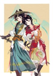  2girls absurdres black_boots blue_eyes boots border brown_hat chinese_clothes chinese_commentary coat commentary_request cone_hair_bun crossed_arms crossed_legs double_bun facial_mark feet_out_of_frame forehead_mark green_headband green_robe hair_bun hanfu hat headband highres holding holding_sword holding_weapon jintian_kaishi_chi_cui_pingguo leaning_on_person leaning_to_the_side liang_yue_(reverse:1999) long_braid looking_at_viewer mole mole_above_eye multiple_girls official_alternate_costume outside_border pants paper_heron red_hanfu reverse:1999 rice_hat robe sheath sheathed smile standing sword weapon white_border white_coat white_pants yellow_background yellow_eyes 
