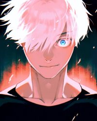  1boy aegyo_sal black_shirt blue_eyes collarbone crew_neck embers facing_viewer gojou_satoru highres jujutsu_kaisen looking_at_viewer one_eye_covered shirt short_hair smirk solo straight-on t-shirt tikklil white_hair wide-eyed 