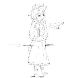  1girl book boots bow chinese_commentary coat collared_coat commentary dated frilled_skirt frills hat hat_bow holding holding_book long_sleeves looking_to_the_side renkxia short_hair signature sitting skirt solo touhou unfinished usami_renko 