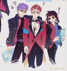  ! 1girl 2boys ? alternate_costume armband belt belt_buckle black_bow black_bowtie black_coat black_eyes black_pants black_shirt blue_eyes blue_pupils blue_shirt bow bowtie brown_hair buckle caine_(the_amazing_digital_circus) closed_mouth coat colored_teeth cropped cup disposable_coffee_cup disposable_cup earrings feet_out_of_frame gloves green_eyes grey_background hand_around_neck hat heterochromia highres holding holding_tablet_pc holding_weapon humanization jax_(the_amazing_digital_circus) jewelry lapels long_sleeves looking_at_another looking_at_viewer looking_to_the_side medium_hair mini_person mismatched_pupils motion_lines multiple_boys narrow_waist open_mouth pants parted_lips pink_suit plant pomni_(the_amazing_digital_circus) purple_belt purple_hair rabbit_necklace red_armband red_hair red_pupils red_shirt red_tailcoat science_fiction shirt short_hair simple_background sitting smirk spilling stain standing suit tablet_pc teeth the_amazing_digital_circus two-tone_shirt weapon white_gloves white_shirt xiaowu_nora yellow_eyes yellow_teeth 