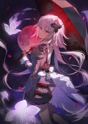  1girl absurdres black_dress black_flower black_gloves closed_mouth commentary_request dark_background dress evernight_(honkai:_star_rail) falling_petals flower gloves hair_flower hair_ornament highres holding holding_umbrella honkai:_star_rail honkai_(series) jellyfish jellyfish_cut long_hair looking_at_viewer march_7th_(honkai:_star_rail) moon nannaspad pantyhose petals pink_hair red_eyes red_moon red_petals revision solo umbrella very_long_hair 