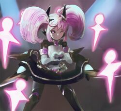  1girl azure_striker_gunvolt black_dress black_sclera byte_(grunty-hag1) colored_sclera commentary_request cowboy_shot dress gunvolt_chronicles_luminous_avenger_ix heart heart_hands idol isola_(gunvolt) long_hair one_eye_closed purple_hair solo twintails violet_eyes 