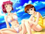   beach bikini clouds closed_eyes heterochromia pink_hair sea short_hair sky sun swimsuit  