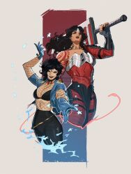  2girls absolute_dc absolute_wonder_woman armor black_eyes black_hair dc_comics dual_wielding gauntlets highres holding holding_sword holding_weapon long_hair multiple_girls pepedraws short_hair spell sword weapon wonder_woman wonder_woman_(series) yuri zatanna_zatara zatanna_zatara_(absolute_dc) 