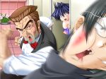  aihara_takuya akazaki_yasuma beard beating black_hair blood blue_hair bowtie brown_hair clenched_hands comedy crossdressinging earrings eyeshadow face_punching facial_hair floral_print flower funny game_cg glasses injury jewelry lipstick makeup missing_teeth motion_blur muscle off_shoulder on_crack open_mouth peeking punching ring sano_(x-change) short_hair sideburns surprised takuya vest walk-in x-change x-change_3 