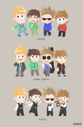  4boys :d :o ^_^ alcohol alternate_costume antenna_hair artist_name bandage_on_cheek black_jacket black_pants black_shoes black_vest blue_bow blue_bowtie blue_hoodie blue_pants blue_sweater_vest blush_stickers bottle bow bowtie brown_background brown_hair brown_pants can checkered_shoes chibi chibi_only closed_eyes cola commentary_request drawstring drink_can edd_(eddsworld) eddsworld english_text flipped_hair formal_clothes frown full_body green_bow green_bowtie green_hoodie green_jacket green_shoes grey_eyes grey_pants hair_behind_ear hair_ears hand_on_own_chin hands_in_pockets holding holding_bottle holding_can holding_menu holding_tray hollow_eyes hood hood_down hoodie instrument_case instrument_case_on_back jacket jitome lapels long_sleeves looking_at_viewer male_focus matt_(eddsworld) menu multiple_boys necktie no_lineart one_eye_closed open_clothes open_hoodie open_jacket open_mouth orange_hair pants plain_epaulettes purple_bow purple_bowtie purple_hoodie purple_sweater_vest red_bow red_bowtie red_hoodie sasamin_(namanero) school_uniform shirt shoes short_hair simple_background smile sparkle spiky_hair standing standing_on_one_leg striped_clothes striped_necktie sweater_vest swept_bangs tom_(eddsworld) toon_(style) tord_(eddsworld) tray uneven_eyes vest vodka waiter white_shirt 