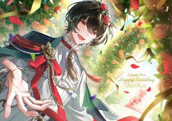  1boy absurdres arch beads black_hair blue_cape buttons cape character_name choker commentary_request confetti corsage crescent_moon dated dutch_angle ensemble_stars! fangs feature_scout_1_(ensemble_stars!) fingernails floral_arch floral_print flower golden_rose hair_between_eyes hamkoong happy_birthday head_wreath highres korean_commentary long_sleeves looking_at_viewer male_focus moon neck_tassel open_mouth outdoors outstretched_hand petals red_eyes red_flower red_petals red_ribbon red_rose ribbon rose rose_petals rose_print sakuma_ritsu shirt short_hair solo tassel teeth upper_body upper_teeth_only white_choker white_shirt 