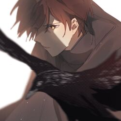  1boy absurdres animal bird brown_cloak brown_eyes brown_hair cloak commentary crow dreamycakesss english_commentary from_side highres male_focus original parted_lips short_hair simple_background solo upper_body white_background 