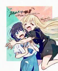  2girls :d ^_^ aqua_background arms_around_neck artist_name black_shirt blonde_hair blue_necktie blue_skirt blush border cho_kaguya-hime! closed_eyes commentary_request copyright_name cowboy_shot dotted_background excited floating_hair furrowed_brow glomp green_eyes hands_up happy highres hug jumping kaguya_(cho_kaguya-hime!) long_hair long_shirt looking_at_another mole mole_under_eye multiple_girls necktie notice_lines official_artist_extra own_hands_together palms_together pink_background pleated_skirt release_celebration sakayori_iroha school_uniform serafuku shirt short_sleeves side_ahoge sidelocks skirt smile straight_hair summer_uniform surprised translation_request twitter_username two-tone_background untucked_shirt v-shaped_eyebrows very_long_hair white_border white_shirt wide-eyed yoneda_taro 
