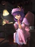  1girl book hat highres library long_hair patchouli_knowledge purple_hair ribbon ribbons solo touhou voile yukiman 