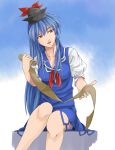  blue_hair hat highres kamishirasawa_keine long_hair paper ribbon ribbons shiba_murashouji touhou 