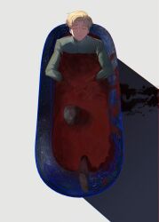  1boy absurdres bath bath_of_blood black_pants black_shoes blonde_hair blood blood_on_ground chi.:_chikyuu_no_undou_ni_tsuite closed_eyes closed_mouth commentary green_jacket han_orb highres invisible_floor jacket male_focus pants rafal_(chi.) shoes short_hair simple_background sky smile solo star_(sky) starry_sky untranslatable_commentary white_background 