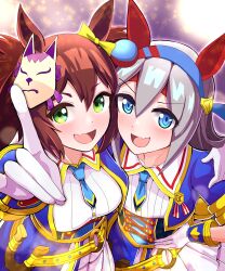  2girls absurdres animal_ears arm_around_shoulder blue_corset blue_eyes blue_hairband blue_jacket blue_necktie blush bow breasts brown_hair collarbone collared_shirt commentary_request corset criss-cross_strings cropped_jacket ear_covers ear_ribbon fang fox_mask fox_shadow_puppet glorious_azure_costume_(umamusume) gloves green_eyes grey_hair hair_between_eyes hairband headband highres horse_ears horse_girl horse_tail inari_one_(umamusume) jacket large_breasts long_hair looking_at_viewer mask mask_on_head multicolored_hairband multiple_girls necktie open_mouth red_headband shirt short_necktie short_sleeves skin_fang skirt small_breasts smile striped_clothes striped_hairband tail tamamo_cross_(umamusume) torinosukei twintails two-tone_hairband umamusume very_long_hair white_gloves white_shirt white_skirt 