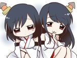  2girls bare_shoulders black_hair chibi deformed detached_sleeves epaulettes expressionless flat_gaze fusou_(kantai_collection) hair_ornament japanese_clothes kantai_collection long_hair miko multiple_girls nontraditional_miko primary_stage red_eyes short_hair siblings sisters smile yamashiro_(kantai_collection) 