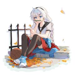  1girl alternate_costume ball basketball_(object) blue_eyes braid chinese_commentary clothes_around_waist commentary_request facial_hair full_body hair_between_eyes hair_ornament hairclip headband highres holding honkai_(series) honkai_impact_3rd jacket jacket_around_waist kiana_kaslana leaf long_hair looking_down maple_leaf mustache on_ground outdoors pencil_mustache sailor_collar school_uniform short_sleeves sitting skirt solo thigh-highs twin_braids wangqi429 white_hair 