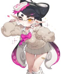 1girl bandaid_on_thigh black_choker black_hair bow bow-shaped_hair bowtie breasts brown_cardigan callie_(splatoon) cardigan choker closed_mouth collared_shirt commentary_request cross-shaped_pupils earrings gradient_hair grey_skirt hands_up highres inkling jewelry long_hair long_pointy_ears long_sleeves looking_at_viewer medium_breasts mole mole_under_eye multicolored_hair nail_polish one_eye_closed orange_pupils pink_bow pink_bowtie pink_hair pink_nails pleated_skirt pointy_ears pursed_lips school_uniform shirt short_eyebrows simple_background skirt sleeves_past_wrists socks solo splatoon_(series) symbol-shaped_pupils tentacle_hair thick_eyebrows togetoge twintails very_long_hair white_background white_shirt white_socks yellow_eyes 