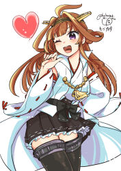  absurdres ahoge black_skirt boots breasts brown_hair commentary_request detached_sleeves double_bun frilled_skirt frills hair_bun headgear heart highres kantai_collection kongou_(kancolle) kongou_kai_ni_(kancolle) large_breasts long_hair lr_hijikata nontraditional_miko one_eye_closed open_mouth ribbon-trimmed_sleeves ribbon_trim round_teeth skirt smile teeth thigh_boots upper_teeth_only very_long_hair violet_eyes 