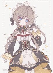  1girl black_bow black_collar black_dress black_sleeves blue_eyes blush bonnet bow brown_hair closed_mouth collar commentary detached_collar detached_sleeves dress gem genshin_impact gloves highres pantyhose red_gem sandrone_(genshin_impact) short_hair_with_long_locks solo star_(symbol) strapless strapless_dress twitter_username white_gloves white_headdress white_pantyhose yapc03 yellow_bow 