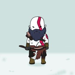  1boy arm_markings axe bald beard black_hair boots chest_markings chibi facial_hair facial_mark full_body gloves god_of_war highres holding holding_axe holding_weapon kratos_(god_of_war) lv5plant male_focus pale_skin solo stitched_torso stitches topless_male weapon 