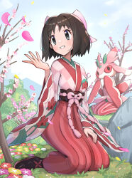  1girl 1other absurdres black_eyes black_hair blue_sky blush colored_sclera colored_skin commentary_request erika_(palentine's_2025)_(pokemon) erika_(pokemon) eyelashes floral_print floral_print_kimono flower gonzarez grass highres japanese_clothes kimono long_sleeves looking_up lurantis multicolored_skin official_alternate_costume on_ground outdoors parted_lips petals pink_eyes pink_kimono pink_skin pokemon pokemon_(creature) pokemon_masters_ex print_kimono red_eyes revision seiza short_hair sitting sky smile wide_sleeves 
