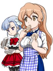  2girls apron bandabekken black_eyes black_pantyhose blue_apron blue_bow blue_bowtie blue_flower blue_hair blue_skirt bow bowtie box breasts bronze_parrot brown_eyes brown_hair button_gap character-themed_food closed_mouth cookie cowboy_shot cummerbund eating fin_e_ld_si_laffinty flower food food_theft gingham_apron gingham_clothes hair_between_eyes hair_flower hair_ornament hairband holding holding_box holding_cookie holding_food kobeya_uniform large_breasts looking_at_object looking_down muginami multiple_girls open_box pantyhose partially_unbuttoned red_bow red_bowtie red_skirt shirt skirt smile v-shaped_eyebrows waitress white_hairband white_shirt 