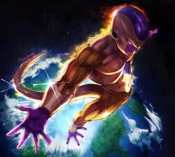  1boy absurdres alien artist_name bald dragon_ball dragon_ball_super earth_(planet) frieza gold_skin golden_frieza highres liveart001 male_focus planet signature solo space twitter_username 