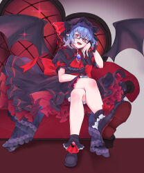  1girl absurdres alternate_color ascot back_bow bat_wings bespectacled black_boots black_hat black_shirt black_skirt bloomers blue_hair boots bow brooch collared_shirt commentary_request couch crossed_legs glasses hat hat_ribbon highres jewelry kanaria_(bcomn) looking_at_viewer medium_hair mob_cap on_couch open_mouth pointy_ears puffy_short_sleeves puffy_sleeves red_ascot red_bow red_eyes remilia_scarlet remilia_scarlet_(tiny_devil_mistress) ribbon shirt short_sleeves sitting skirt sleeve_bow smile solo teeth touhou touhou_lostword upper_teeth_only white_bloomers wings wrist_cuffs 