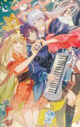  3girls :d absurdres animal_ears black_boots black_choker blonde_hair blue_eyes boots brown_eyes bubble chinese_commentary cho_kaguya-hime! choker commentary_request crescent crescent_hair_ornament dog fish floating_hair forehead_jewel fushi_(cho_kaguya-hime!) green_eyes hair_ornament hair_rings hair_stick heart heart_hands heart_in_heart_hands highres hoki11 instrument inudoge japanese_clothes kaguya_(cho_kaguya-hime!) keytar kimono long_hair long_sleeves looking_at_another lop_rabbit_ears multiple_girls obi one_eye_closed open_mouth purple_hair rabbit_ears red_kimono red_shoes runami_yachiyo sakayori_iroha sash shoes smile standing standing_on_one_leg torii twintails white_hair wide_sleeves 