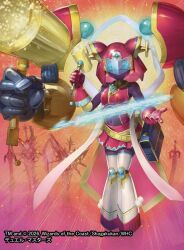  1girl 2026 :3 assault_visor blue_eyes closed_mouth commentary_request copyright_notice covered_navel duel_masters extra_arms fanny_pack gloves hagoromo hammer holding holding_hammer miroku_(duel_masters) momose_hisashi official_art red_gloves red_skirt robot_girl shawl skirt solo sword weapon 