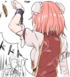  1boy 1girl bandaged_arm bandages breasts bun_cover commentary_request cuffs double_bun facing_away falling_feathers feathers from_behind hair_bun highres ibaraki_kasen medium_breasts medium_hair miyo_(ranthath) own_hands_together pink_hair puffy_short_sleeves puffy_sleeves red_tabard shackles shirt short_sleeves tabard touhou translation_request waterfall_shower white_shirt 