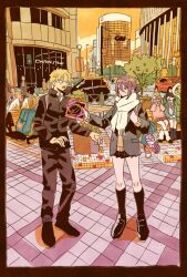  4boys 4girls angel_devil_(chainsaw_man) angel_wings backpack bag bench black_hair black_jacket black_pants black_shoes black_skirt black_socks black_suit blonde_hair blue_bag blue_jacket blush bomb_devil_(chainsaw_man) box brown_hair brown_sweater car casual chainsaw_man character_charm charm_(object) city closed_mouth commentary_request demon_girl denji_(chainsaw_man) eating fangs full_body gakuran gift gift_box gold_buttons green_eyes hair_between_eyes hair_bun hair_ornament hairclip halo hayakawa_aki higashiyama_kobeni highres holding holding_box holding_gift hood hood_up horns jacket loafers long_hair looking_at_another loose_socks low_ponytail makima_(chainsaw_man) medium_hair motor_vehicle multiple_boys multiple_girls necktie open_mouth outdoors pants pink_sweater plaid_clothes plaid_skirt pleated_skirt pochita_(chainsaw_man) ponytail power_(chainsaw_man) purple_hair red_horns red_necktie red_skirt reze_(chainsaw_man) scarf school_uniform sharp_teeth shoes short_hair short_ponytail sitting skirt smile socks sparkle suit sweater takeuchi_ryousuke teeth traditional_halo updo valentine violence_fiend_(chainsaw_man) white_scarf white_socks wings 