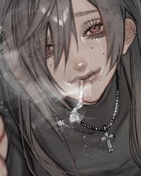  1girl aegyo_sal black_sweater brown_hair cigarette commentary cross cross_necklace ear_piercing eyelashes eyes_visible_through_hair from_above hair_between_eyes jewelry kasahara_iji long_hair looking_at_viewer mole mole_under_eye mole_under_mouth multiple_moles necklace original piercing red_eyes smoke smoking solo sweater upper_body 