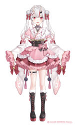  1girl black_boots black_corset boots capelet center-flap_bangs commentary_request copyright_name corset detached_sleeves double_bun frilled_kimono frilled_shirt_collar frilled_sleeves frills full_body gradient_hair grey_hair hair_between_horns hair_bun hair_ornament highres hololive horns japanese_clothes kimono knee_boots kneehighs lace-up_boots long_hair long_sleeves low_twintails multicolored_hair nakiri_ayame nakiri_ayame_(10th_costume) o-ring o-ring_thigh_strap official_alternate_costume official_alternate_hairstyle official_art oni pink_capelet pink_kimono pom_pom_(clothes) pom_pom_hair_ornament puffy_short_sleeves puffy_sleeves red_eyes red_hair sakura_shiori short_sleeves simple_background skin-covered_horns socks solo streaked_hair thigh_strap twintails two-tone_kimono variations virtual_youtuber white_background white_kimono white_socks wide_sleeves x_hair_ornament 