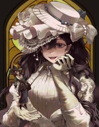  2girls :d absurdres black_hair black_skirt bow brown_shoes buttercat crazy_smile dress gloves green_hat green_jacket hands_up hat hat_bow hat_feather highres holding holding_mini_person isolde_(reverse:1999) jacket kakania_(reverse:1999) long_skirt looking_at_another mini_person minigirl multiple_girls reverse:1999 shoes skirt smile stained_glass upper_body veil violet_eyes white_bow white_dress white_hat white_veil window yellow_gloves 