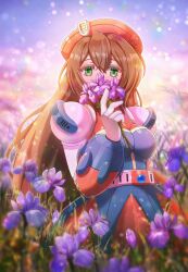  1girl blue_dress brown_hair commentary_request cowboy_shot dress flower green_eyes hat highres iris_(mega_man) kiwakiwa long_hair mega_man_(series) mega_man_x_(series) outdoors purple_flower red_dress red_hat solo 