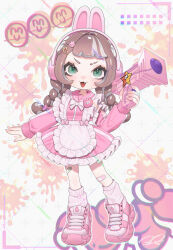 1girl animal_ears apron bandaid bandaid_on_knee bandaid_on_leg bandaid_on_thigh bow bowtie braid brown_hair bunny_headphones carrot_hair_ornament commentary commission dress eyebrow_cut fake_animal_ears fang food-themed_hair_ornament frilled_apron frilled_dress frilled_sailor_collar frills full_body green_eyes hair_ornament headphones highres holding holding_weapon long_hair long_sleeves looking_at_another multicolored_hair name_tag octoling octoling_girl octoling_player_character open_mouth pink_dress pink_sailor_collar pink_shoes pink_socks puchiman rabbit_hair_ornament sailor_collar sailor_dress shoes smile socks solo splatoon_(series) splattershot_jr._(splatoon) standing streaked_hair tentacle_hair twin_braids untranslatable_commentary v-shaped_eyebrows watermark watermark_grid weapon white_apron white_bow white_bowtie white_hair 