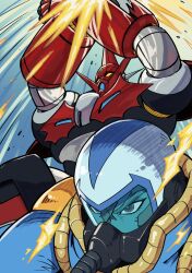  1boy absurdres arm_blade armor arms_up assault_visor blue_bodysuit bodysuit commentary_request fanfiction_available forehead_jewel getter_robo getter_robo_arc getter_robo_d2 hanahiyo_(hoimin) helmet highres male_focus mecha mecha_focus mecha_pilot_suit oxygen_mask pilot_helmet red_armor ringed_eyes robot shou_kamui super_robot super_robot_wars super_robot_wars_30 v-shaped_eyebrows weapon yellow_eyes 