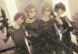  4boys assault_rifle bad_id bad_pixiv_id belt black_choker black_gloves black_pants black_shirt blue_eyes blue_hair cargo_pants choker collarbone copyright_name curtained_hair dated ensemble_stars! glasses gloves green_belt green_hair green_pants grey_hair gun hair_between_eyes hand_on_own_head hand_up handgun highres holding holding_gun holding_weapon laughing long_hair long_sleeves male_focus multiple_boys open_mouth orange_eyes pants ponytail purple_hair ran_nagisa rifle saegusa_ibara sazanami_jun semi-rimless_eyewear shirt shoden short_hair short_sleeves smile standing submachine_gun suspenders t-shirt tomoe_hiyori trigger_discipline violet_eyes weapon yellow_eyes 